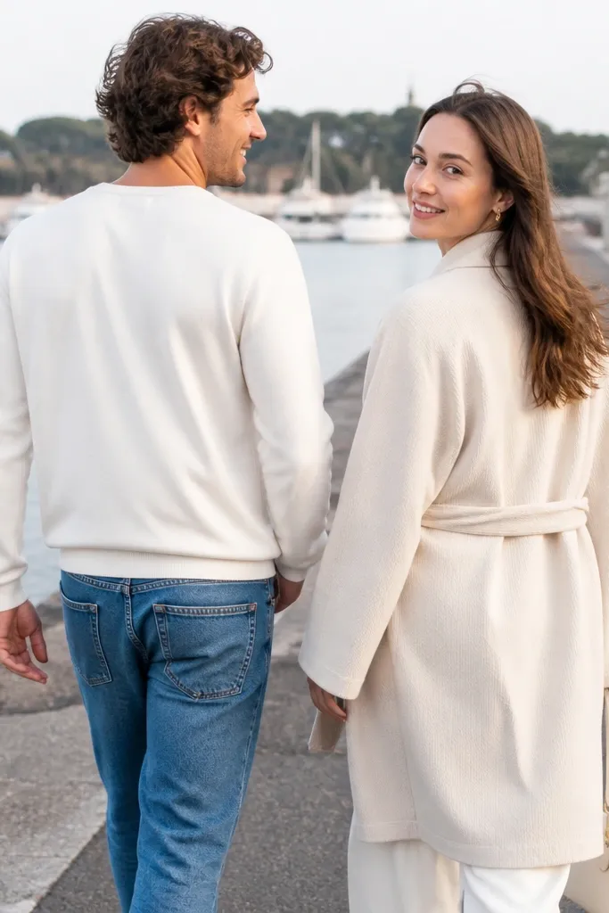 Couple holding hands beside calm water on a waterfront path