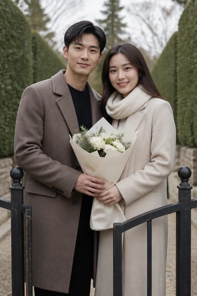 Couple framed by a garden gate on a leafy walkway