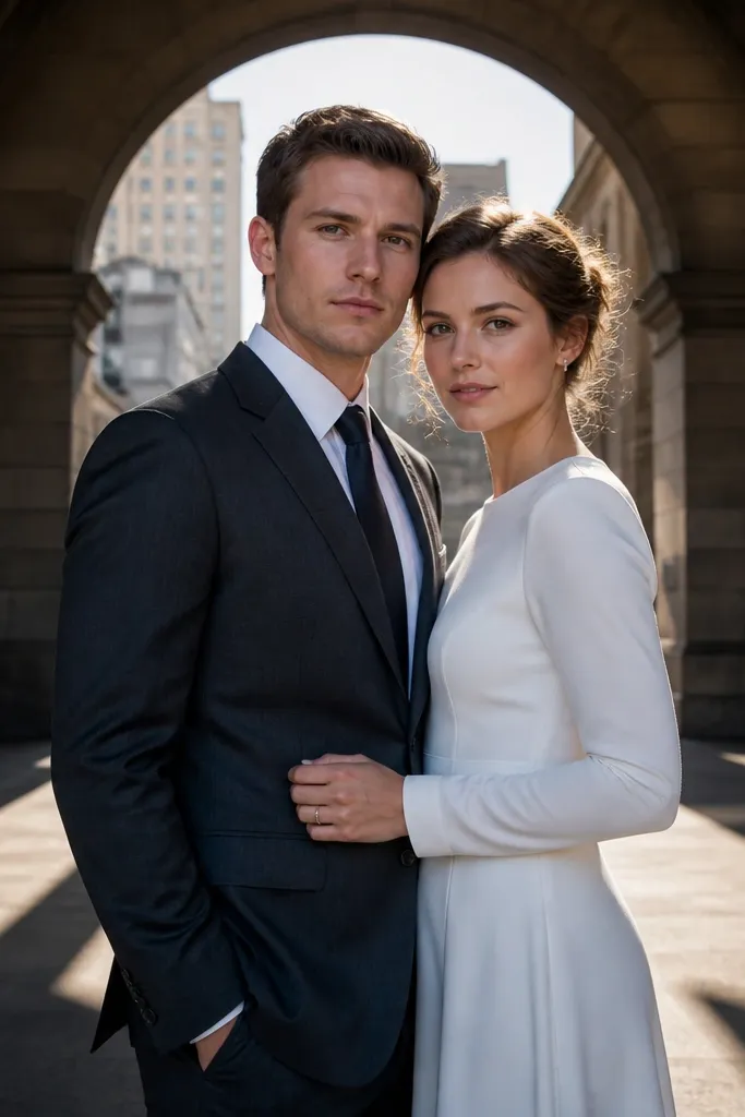 Couple under a stone archway with a turned-shoulder pose