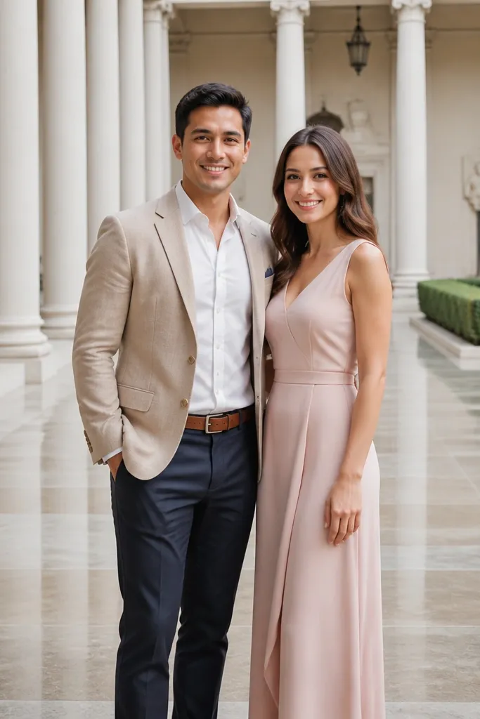Couple posing near white columns in a bright museum courtyard