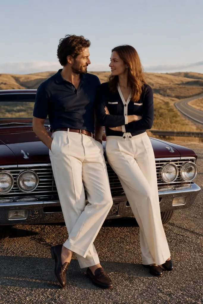 Couple standing beside a classic car on a quiet countryside road