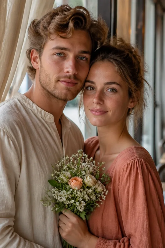 Couple by a café window with sheer linen curtains behind them