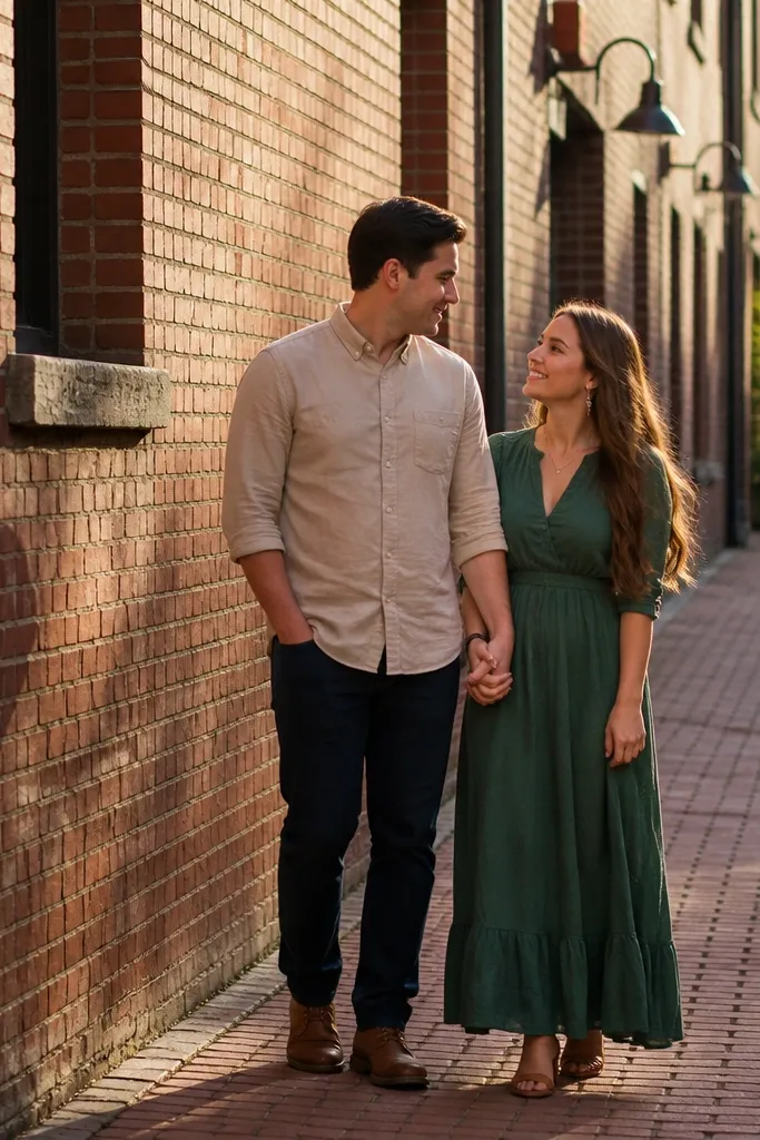Couple holding hands in a sunlit brick alley with warm tones