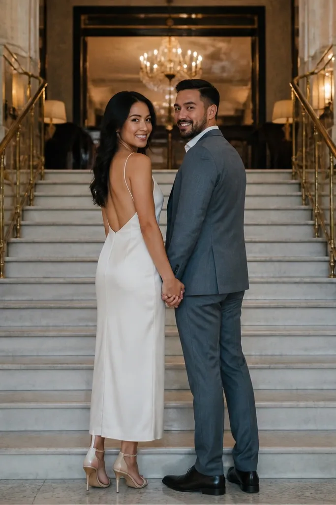 Couple standing on a grand hotel staircase under soft interior light