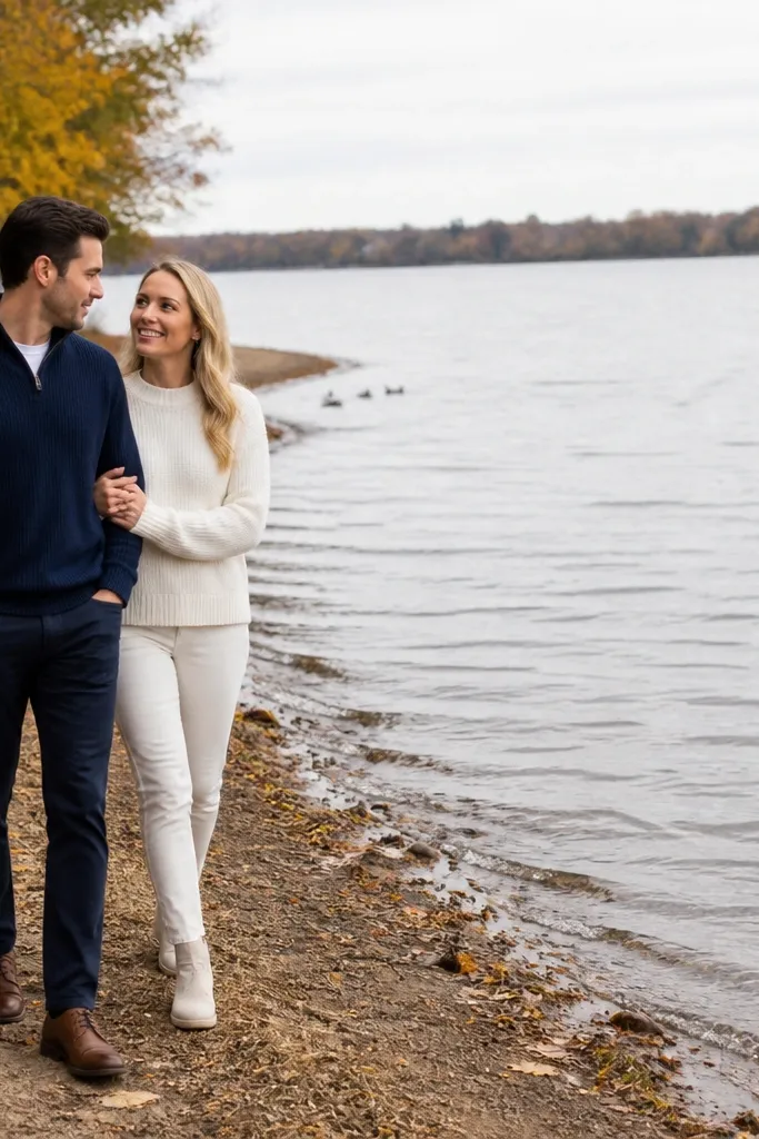 Couple walking along a lake shore with trees in the background