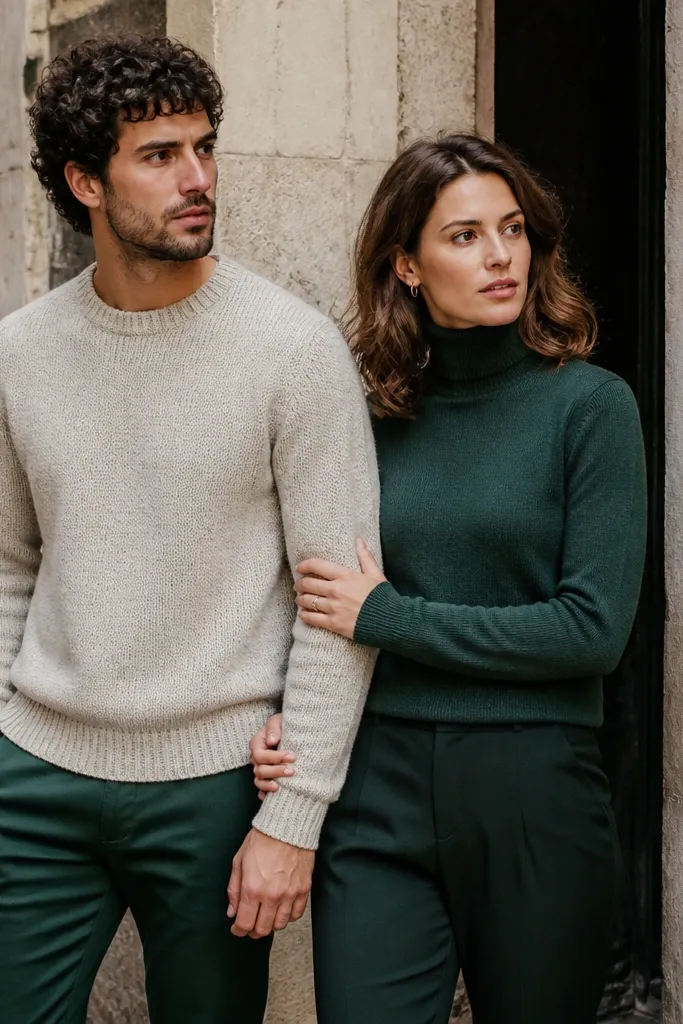 Couple framed by a quiet corner on an old town market street