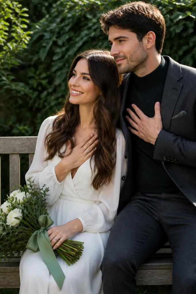 Couple sitting on a garden bench with hands held close