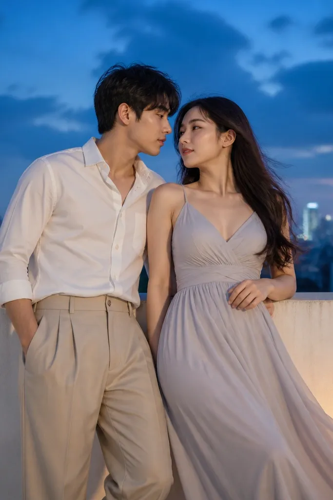 Couple standing on a rooftop terrace with a city skyline behind