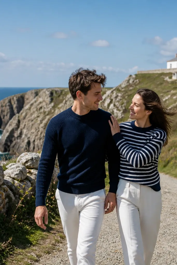 Couple walking on a lighthouse path with sea wind in the background