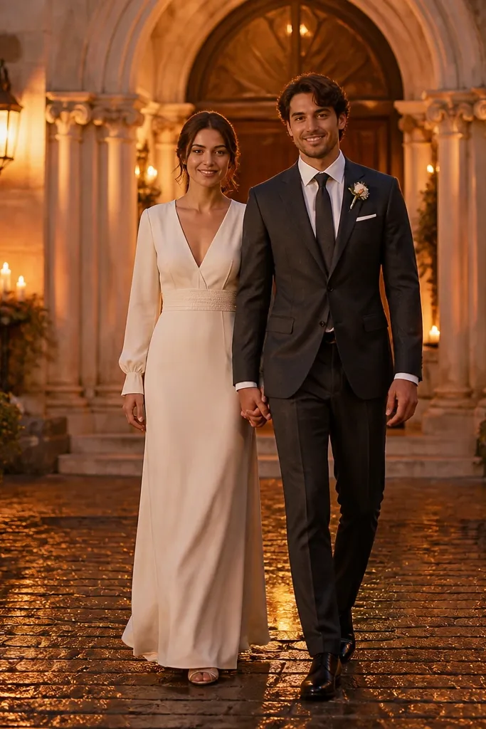 Couple standing in a chapel courtyard with warm evening lighting