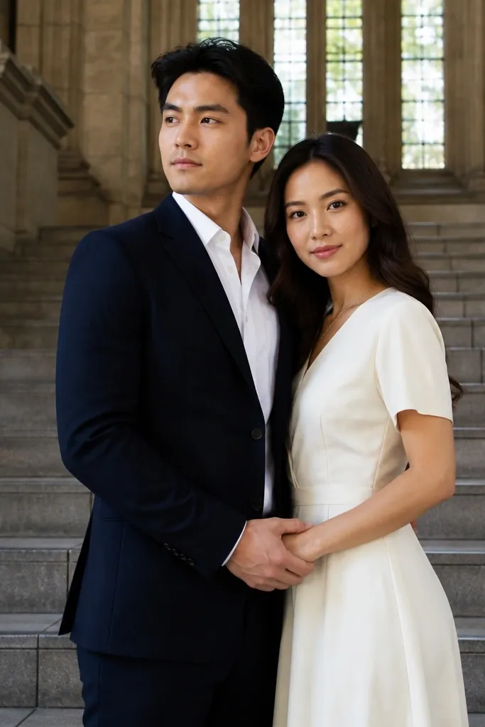 Couple posed on library steps with tall windows in the background