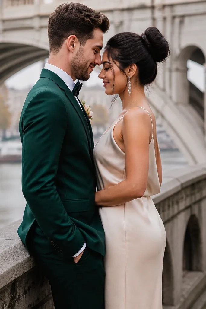 Couple in side profile near an arch bridge with clean lines