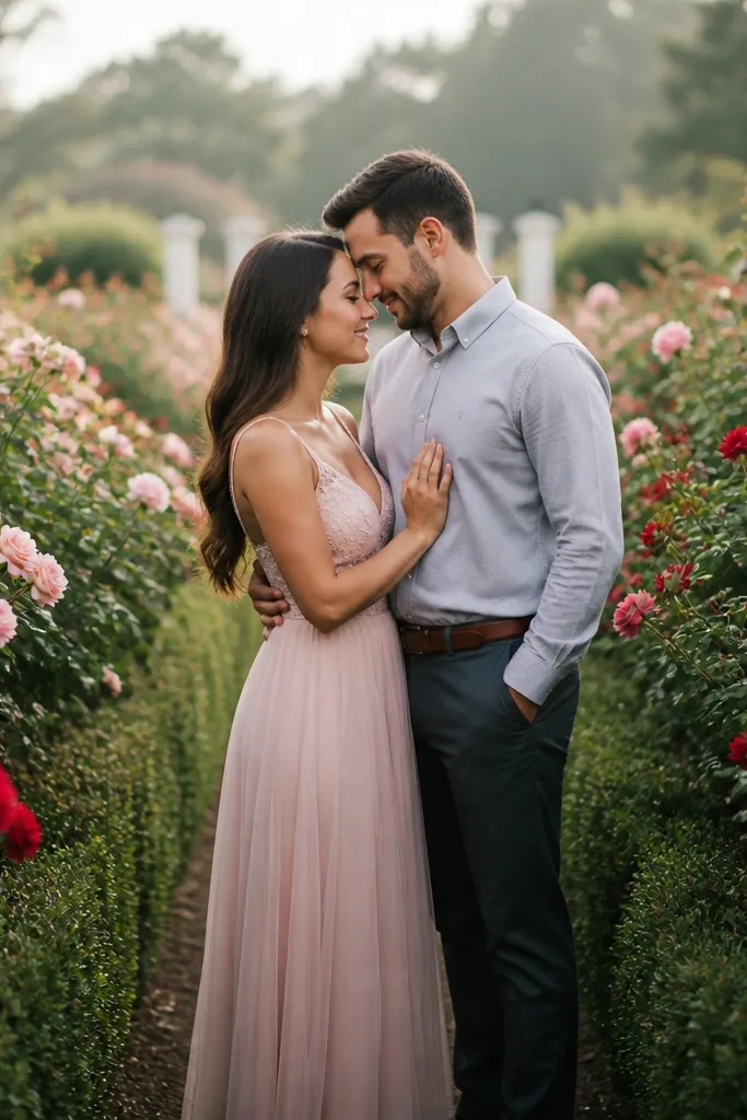 Couple standing in rose garden rows with matching soft tones