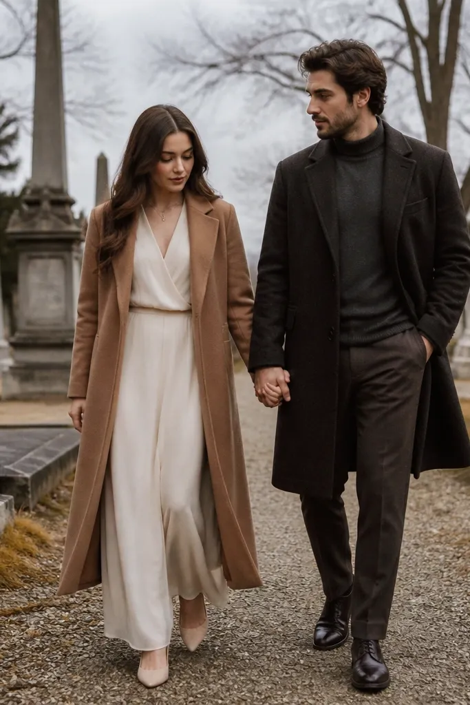 Couple walking slowly on a quiet cemetery path with headstones behind