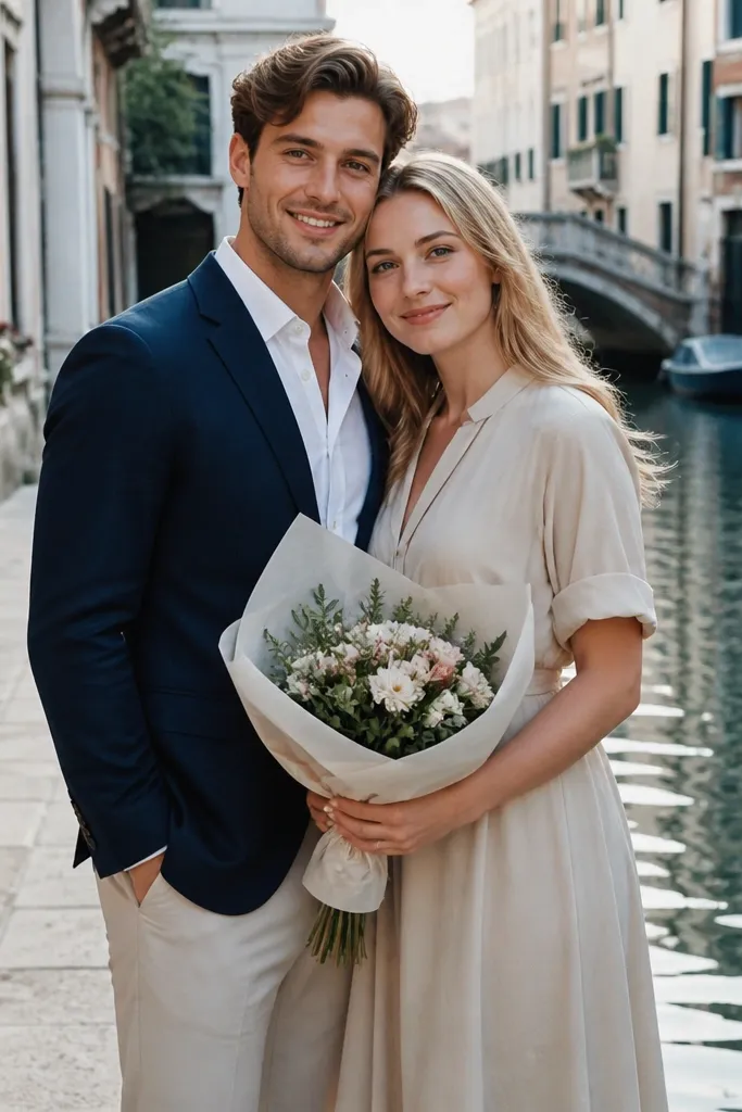 Couple standing by a canal with a shoulder touch pose