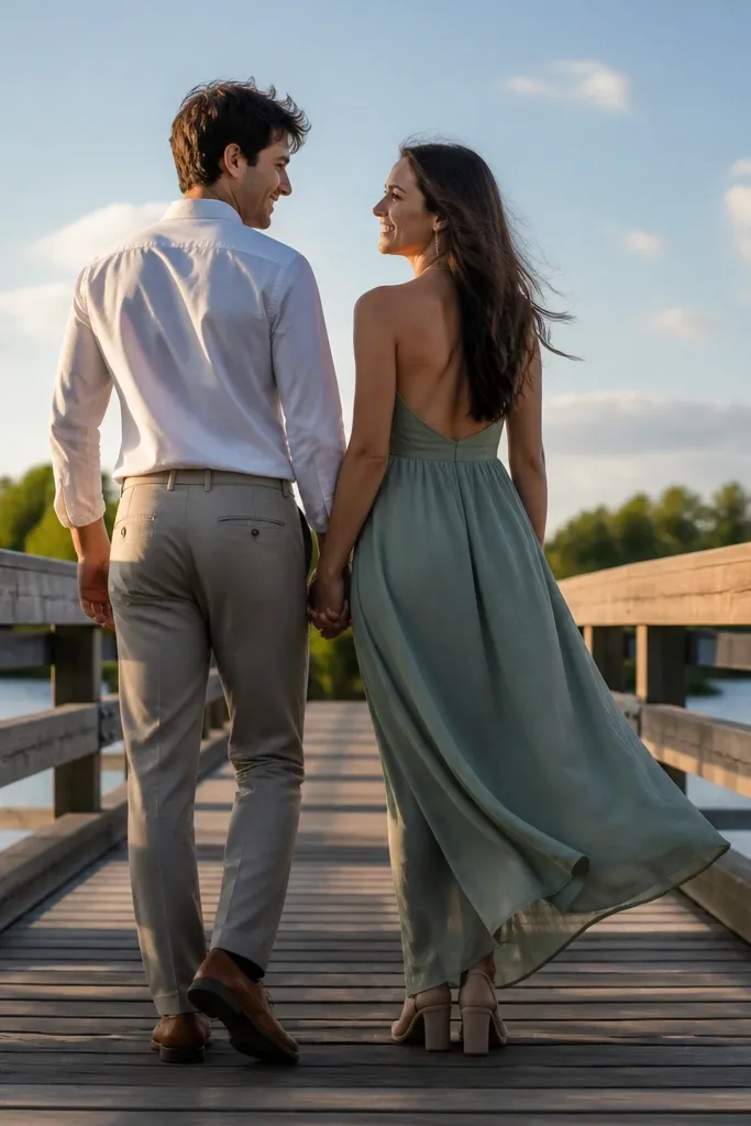 Couple walking across a wooden bridge with gentle steps and trees