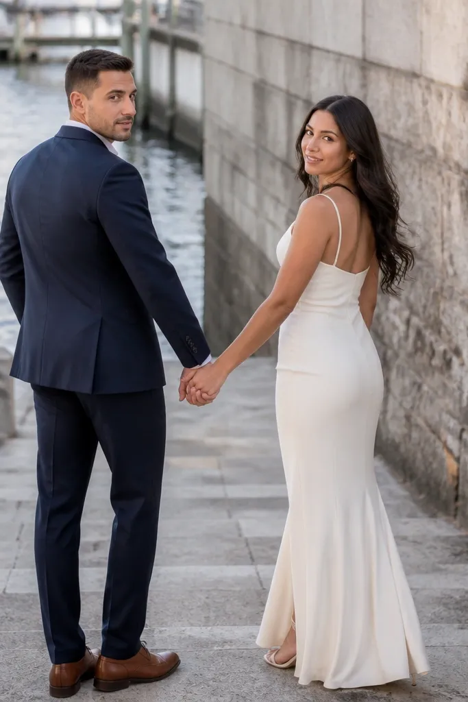 Couple posing on harbor steps with a stone wall and sea behind