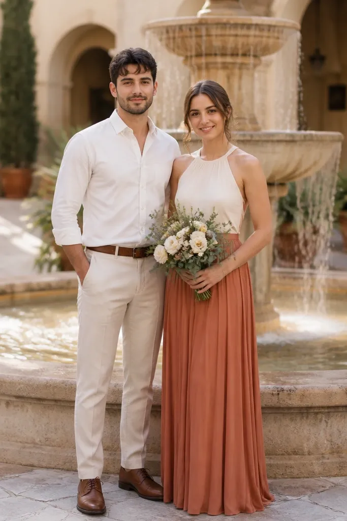 Couple posing near a courtyard fountain with soft water highlights