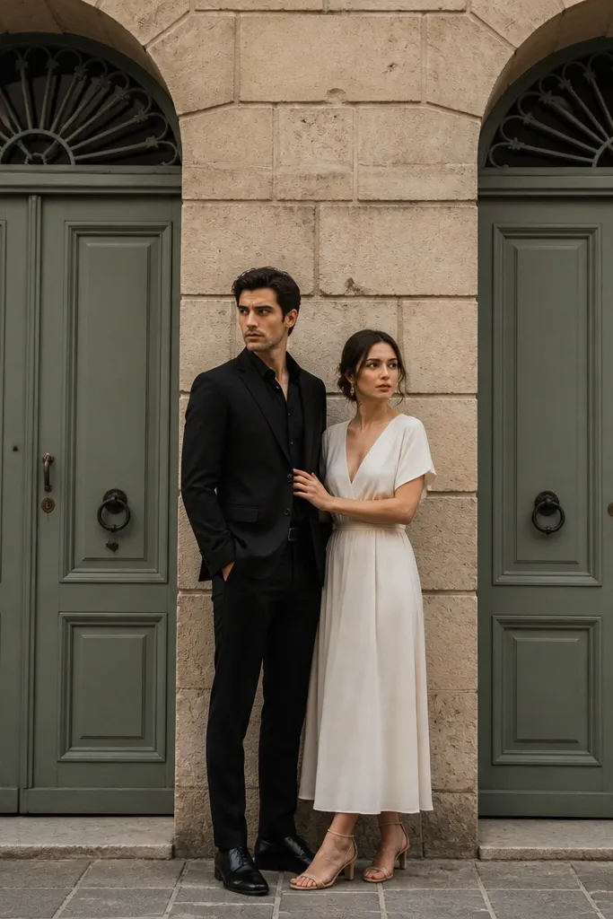 Couple posed in front of old town doorways with matching colors