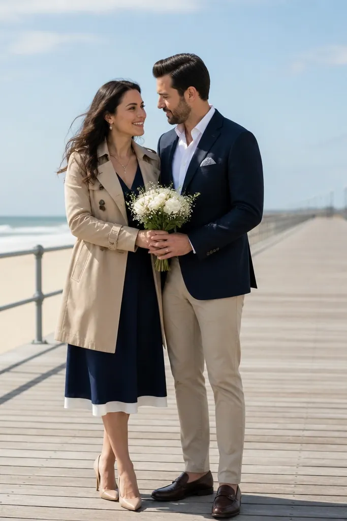 Couple walking on a beach boardwalk with wind-tamed hair