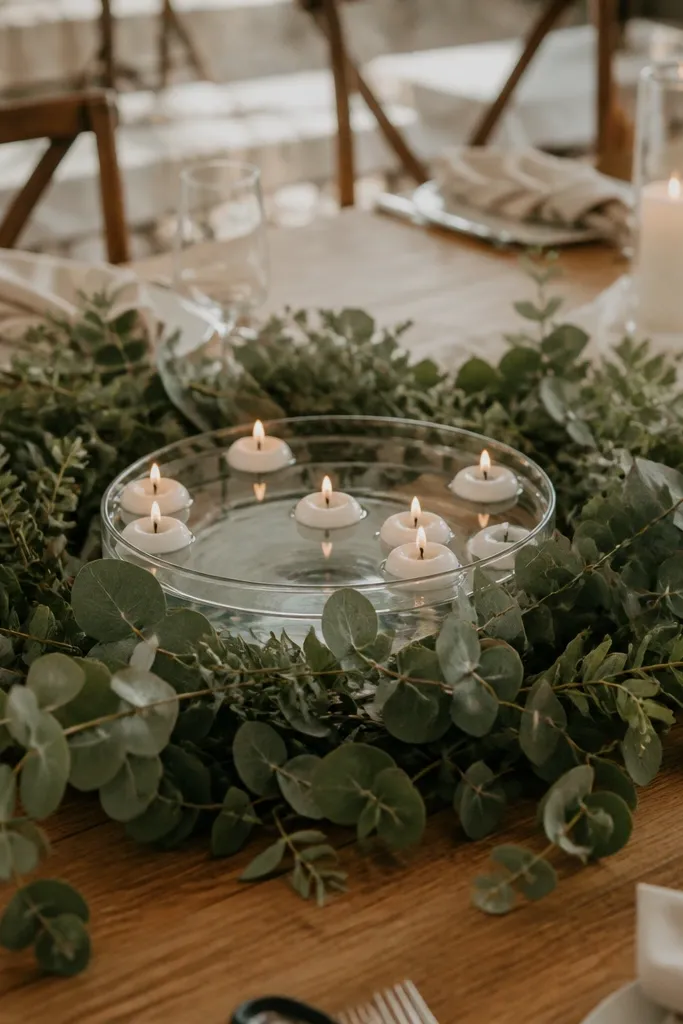 Sage green wreath ring holding several floating candles in a shallow bowl