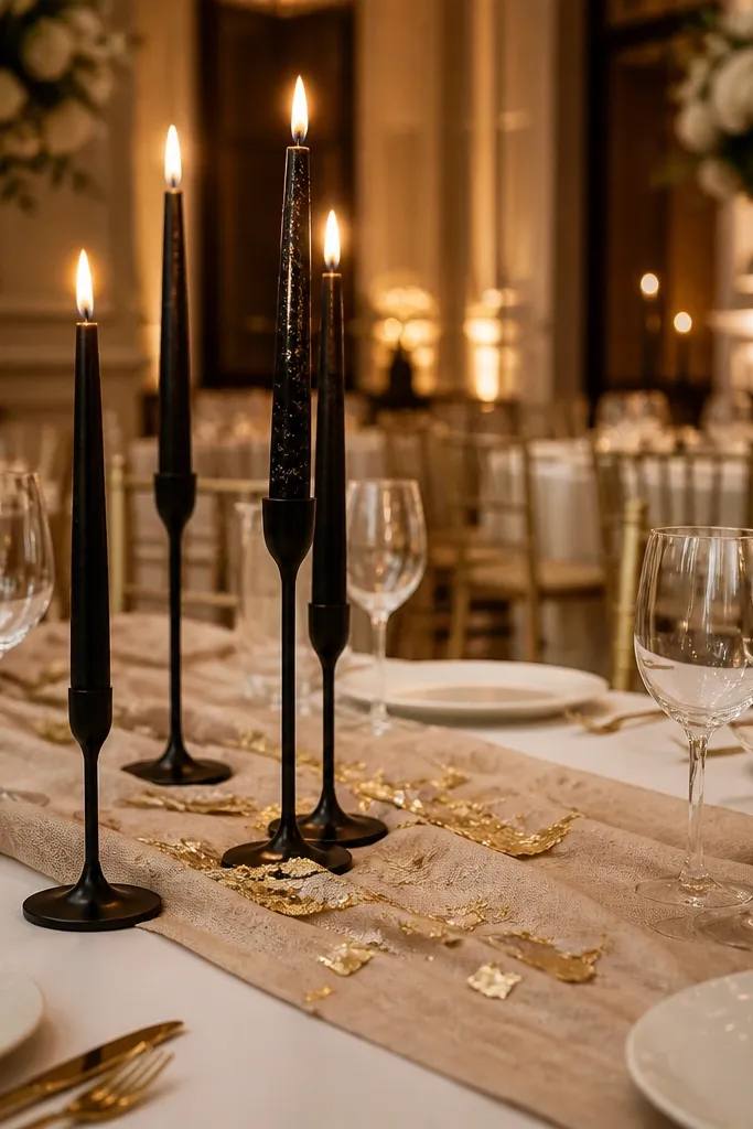 Black taper candles on a beige linen runner with a light gold shimmer border