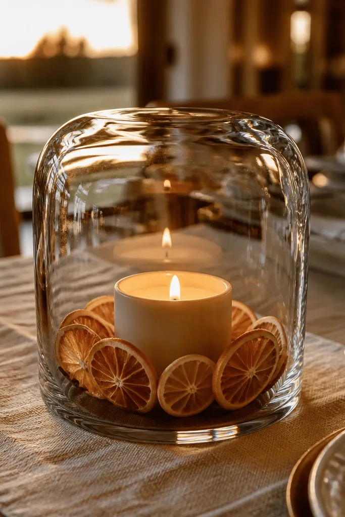 Glass cloche over a candle with dried orange slices around the base