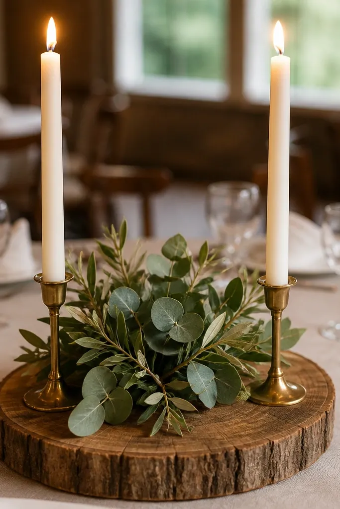 Round wood slice base with two taper candles in holders and small greenery