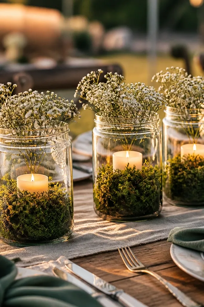 Clear jar terrariums with candles, moss, and tiny white baby's breath sprigs