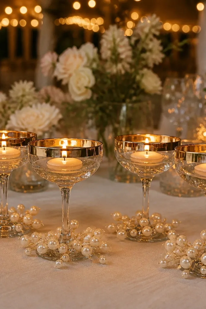 Champagne coupe glasses holding tea lights with faux pearl stems around the base