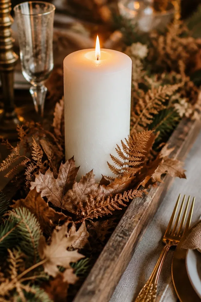 Large pillar candle on a base of dried autumn leaves with small pine sprigs