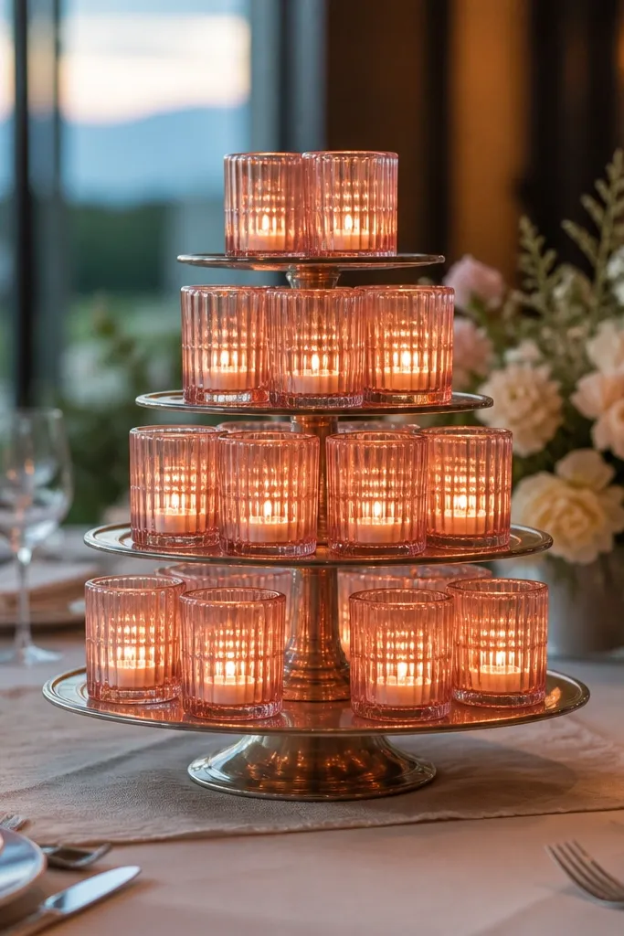 Tiered cake stand with blush glass votives and warm candlelight