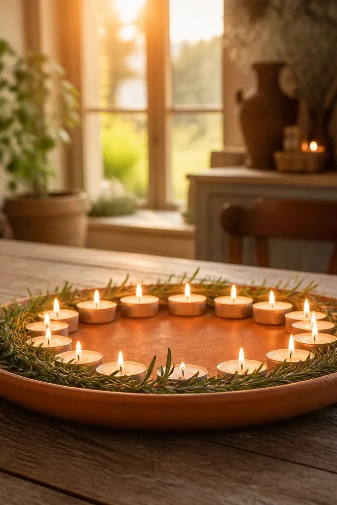 Terracotta tray with a ring of tealights and rosemary sprigs around the edge