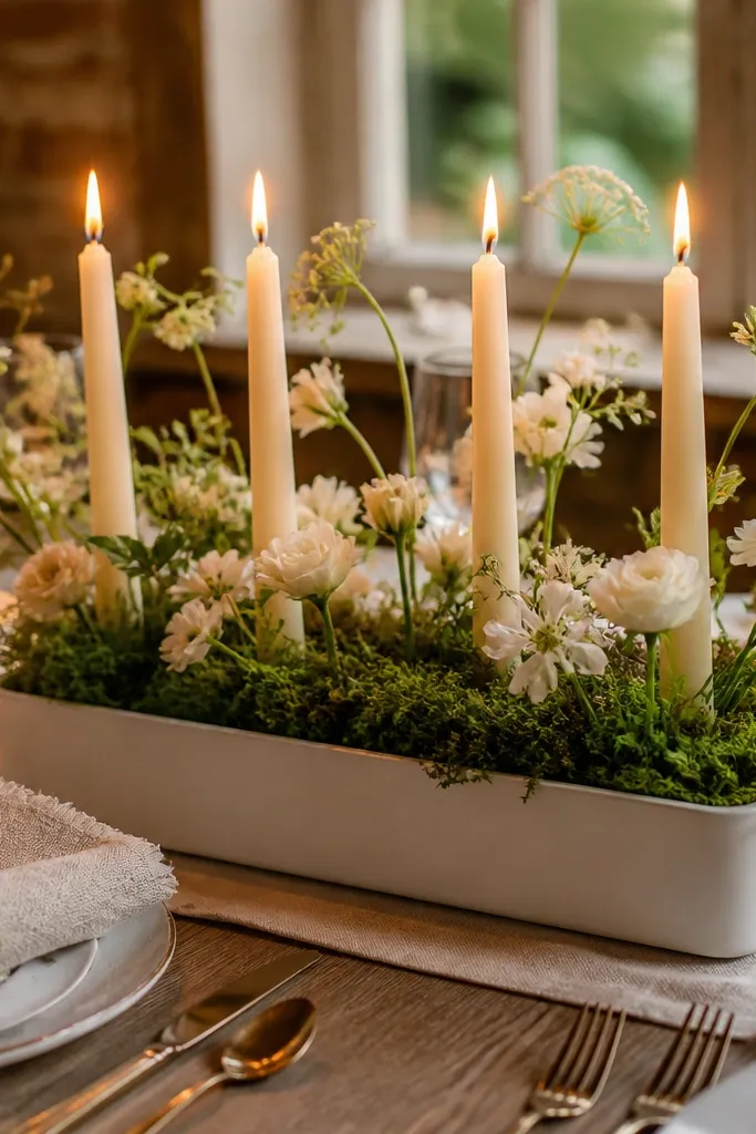 Low rectangular planter with candles spaced between short flowers and greenery