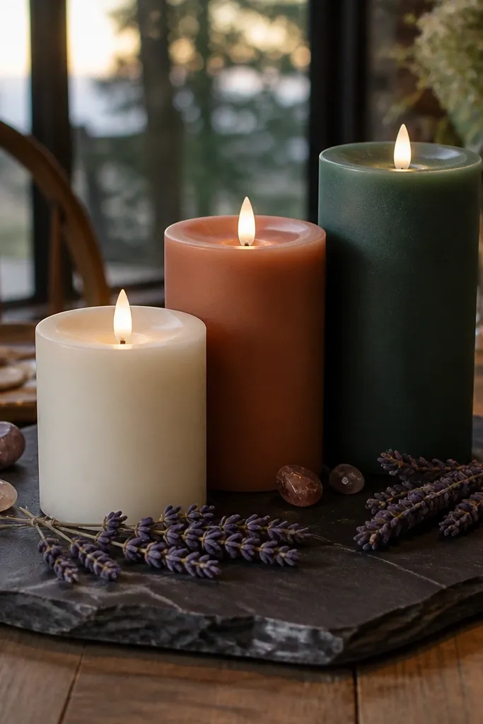 Three candles on a black slate board with small colored accents