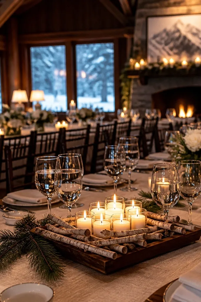 White votives clustered with thin birch branches arranged around them