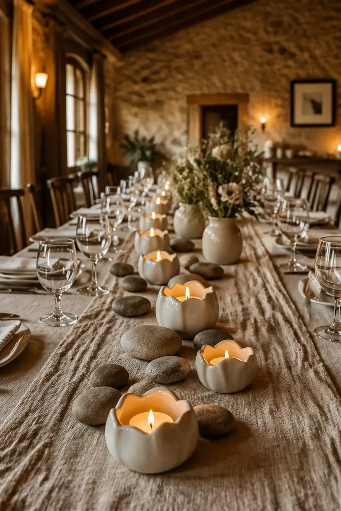 Multiple candle cups on a long table runner with a few stones placed between