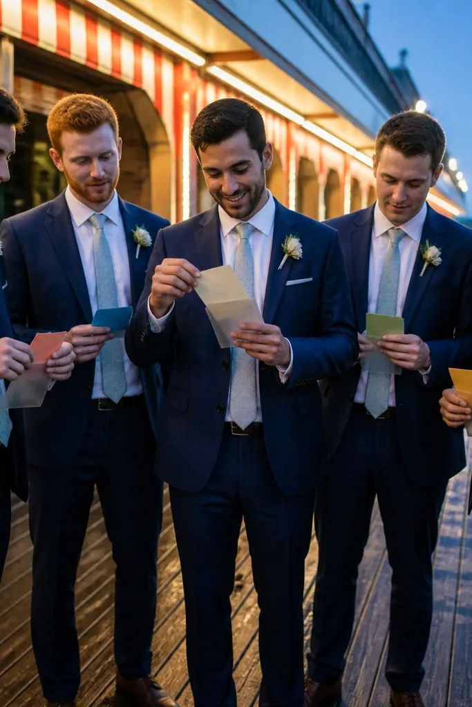 Four men in summer outfits holding a boardwalk ticket sleeve and a cream card