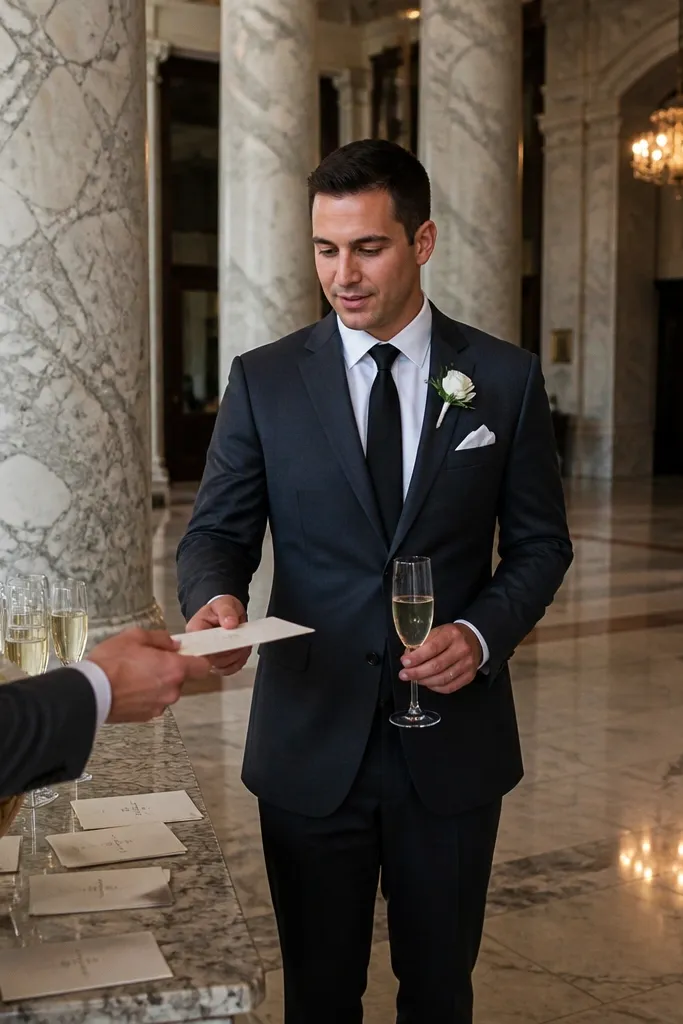 Men in dark shirts holding champagne flutes near a marble hotel lobby wall