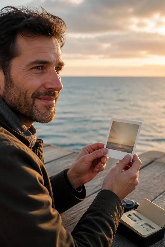 Group standing on a pier at sunset holding a small frame and matching cards