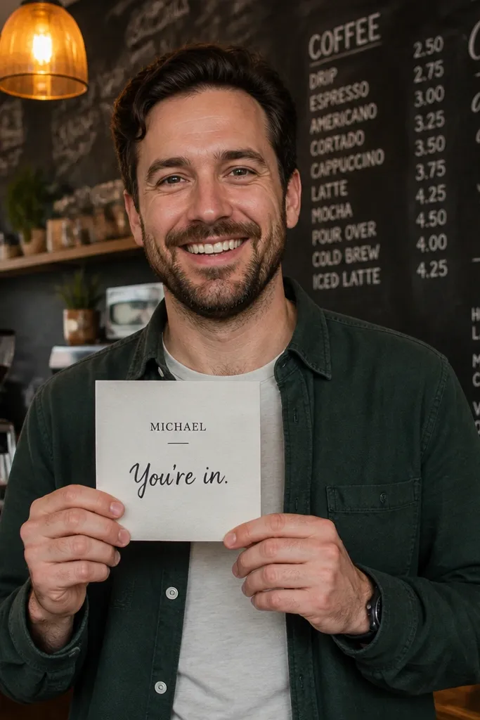 Men in casual fits gathered around a chalkboard with their names written in neat script