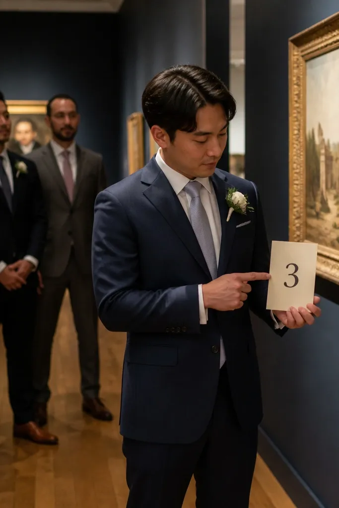 Men in smart casual attire posing in a museum hallway holding numbered cards