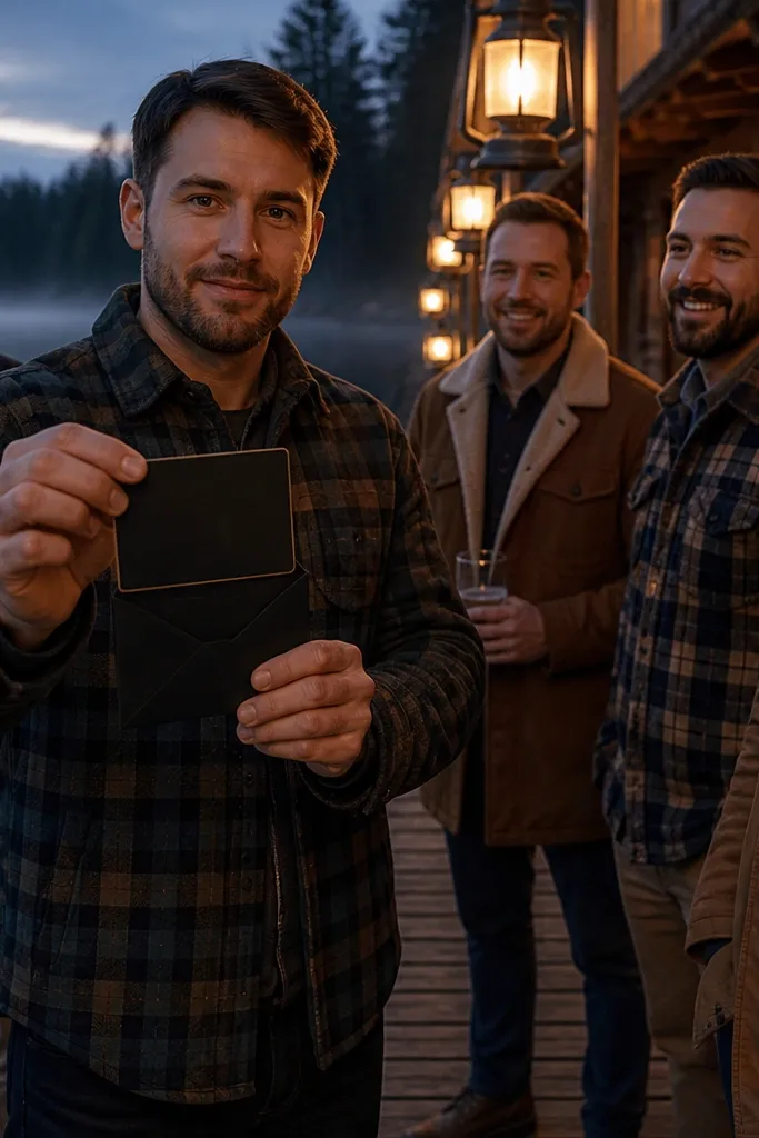Men standing on a dock at dusk holding lanterns and folded role cards