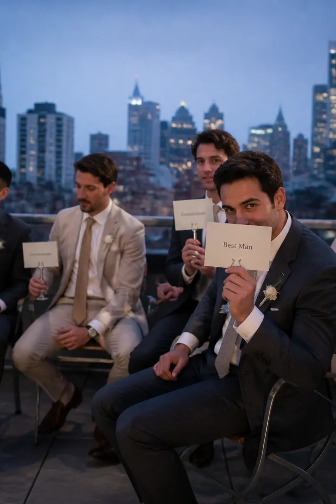 Men sitting on rooftop chairs facing a city skyline holding place cards