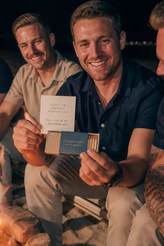 Men holding matchboxes and folded cards near a beach bonfire at night