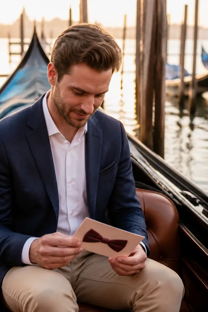 Men on a boat holding small bow-tie shaped note cards on dark blue fabric