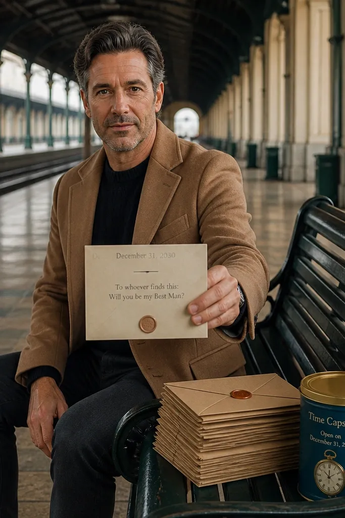 Men on a train platform holding small sealed envelopes labeled with dates