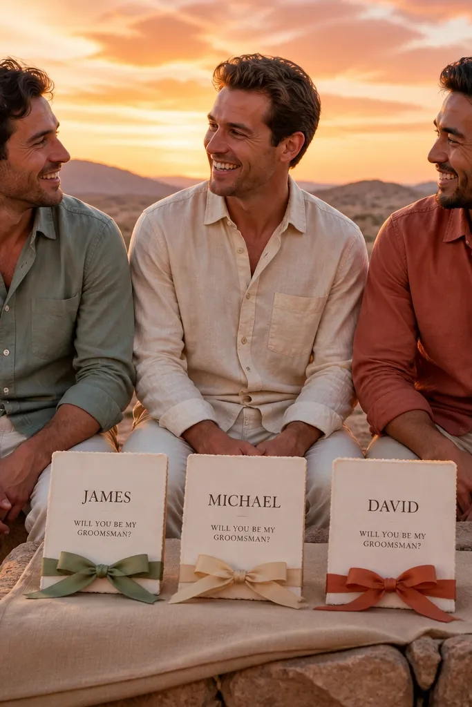 Men holding small menu cards in desert tones with a sunset sky behind them