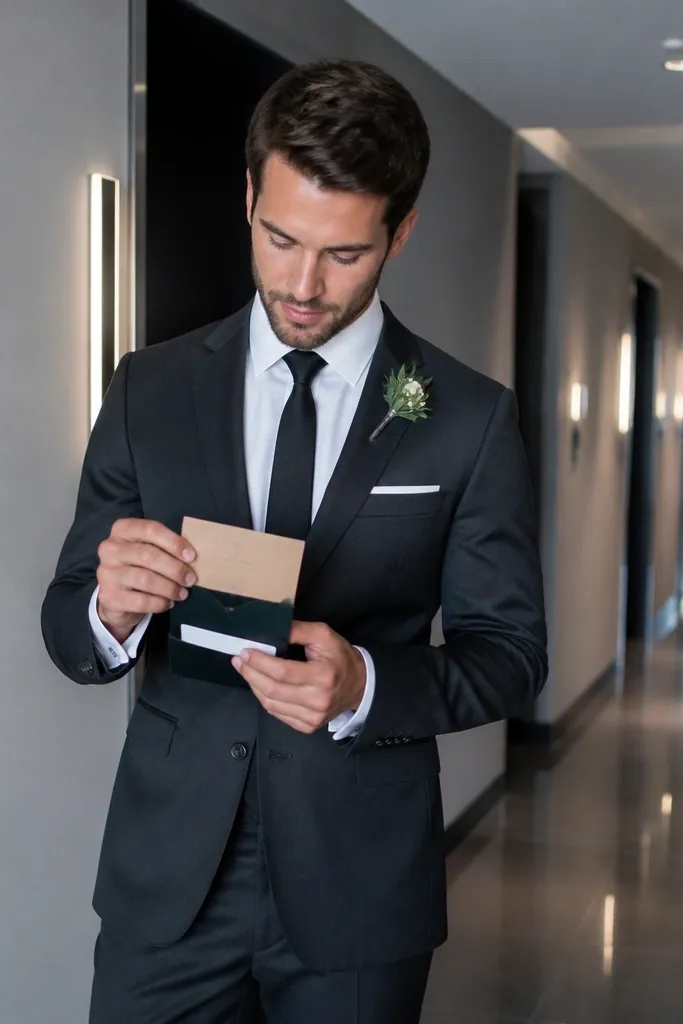 Men holding hotel keycards and matching envelopes in a modern lobby
