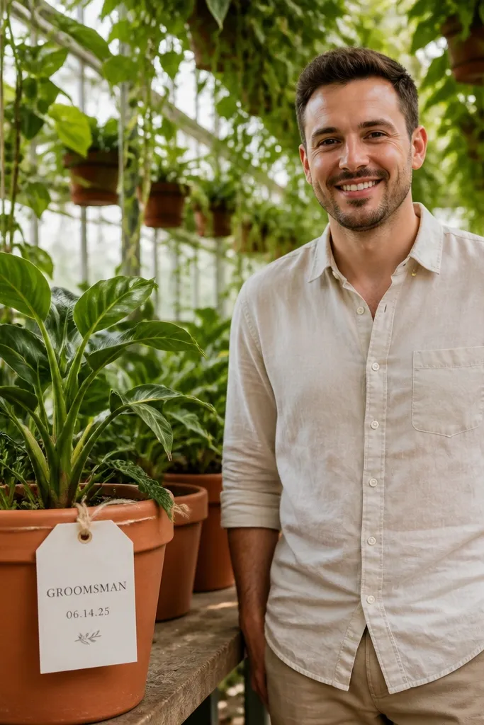 Men in linen shirts holding small plant pots with cream role tags